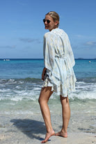 Lotty B Short Kaftan in Silk Crepe-de-Chine: PINEAPPLE - OLIVE side laughing Mustique