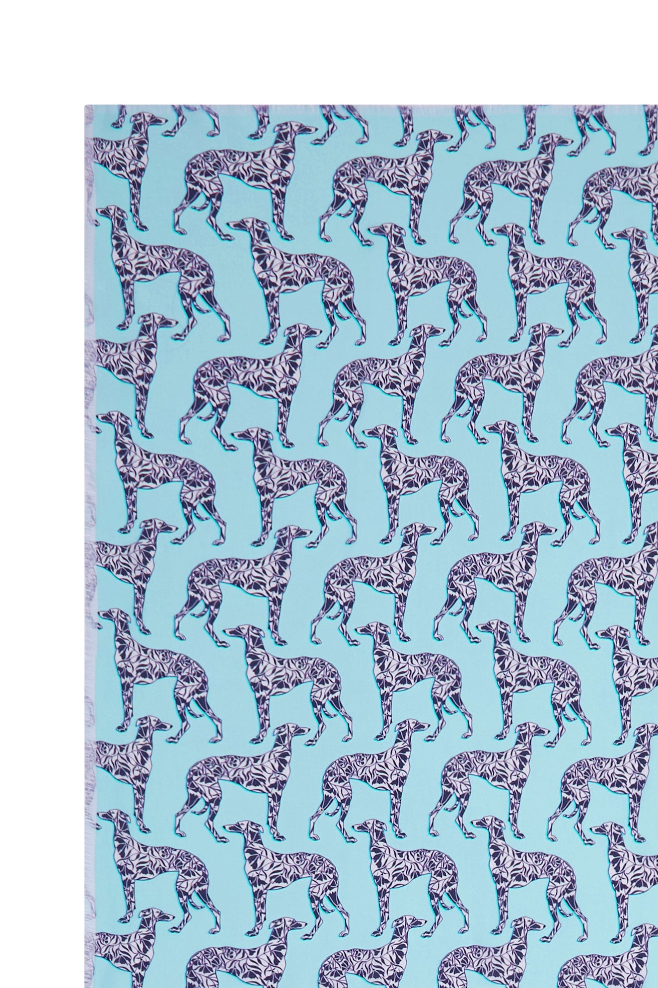 Frayed edge detail on silk sarong in Lurcher dog aubergine & pale blue print by designer Lotty B Mustique