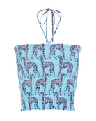 Shirred silk bandeau top in Lurcher aubergine & pale blue print by designer Lotty B Mustique 