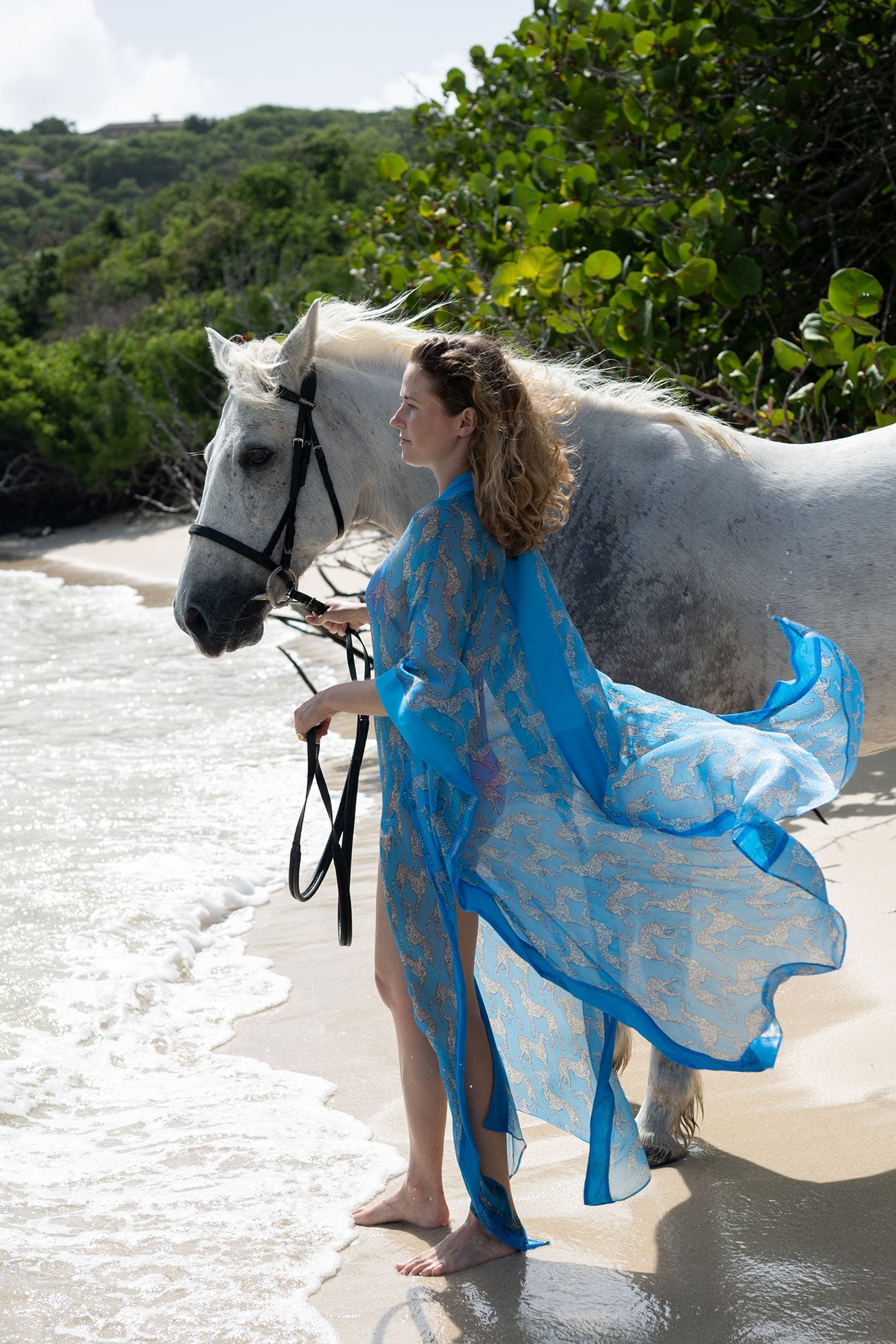 Beach riding Mustique island style - long chiffon silk Jade poncho in Lurcher green blue