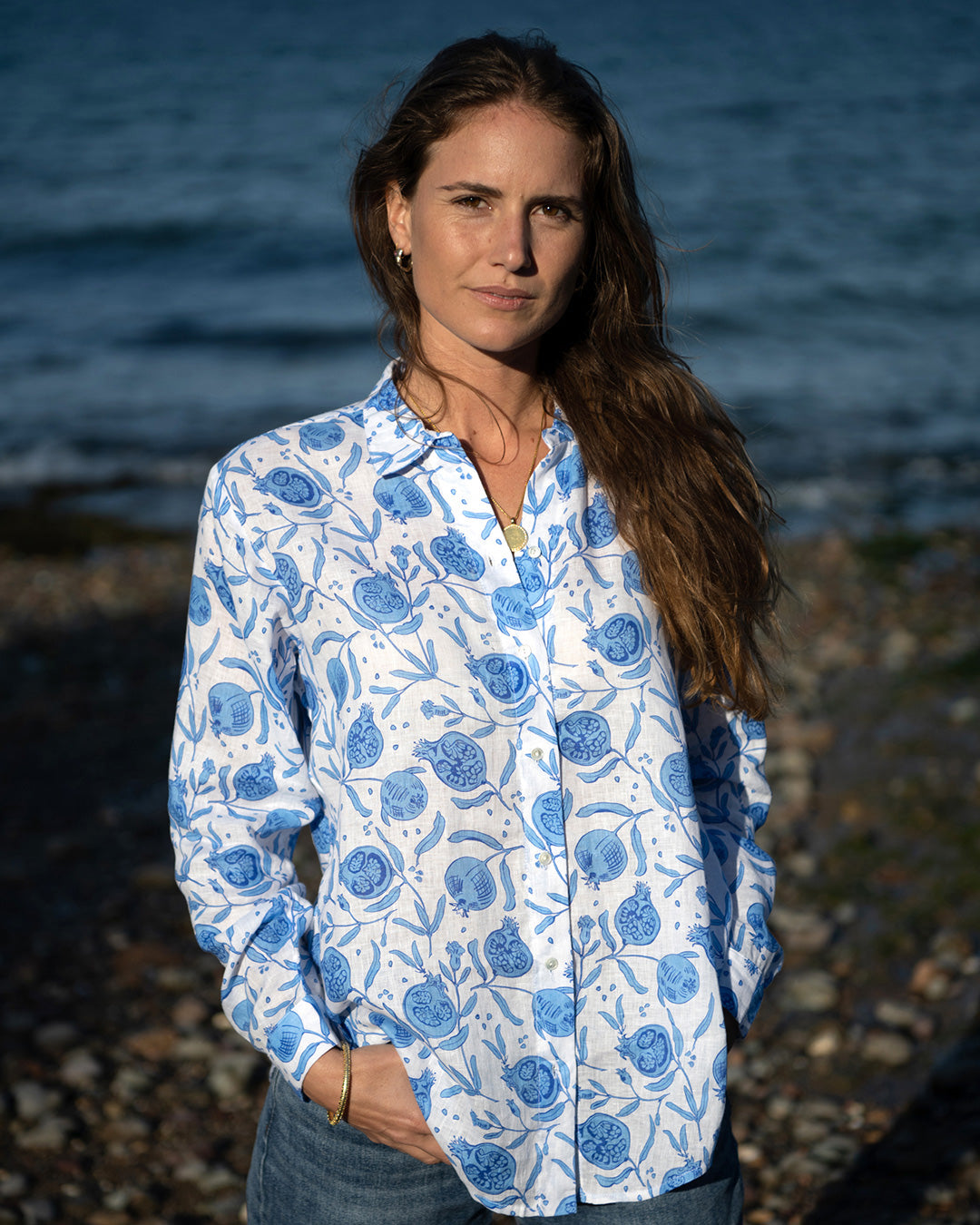 Women's linen shirt cover up in Pomegranate blue print by designer Lotty B