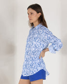 Luxury quality women's linen shirt in blue Parrot print by designer Lotty B