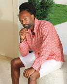 Exceptional quality men's linen shirt in pink Striped Shell print designer Lotty B Mustique