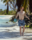 Tropical resort essentials for mens recycled, swim shorts in Potted Palm navy by Pink House Mustique