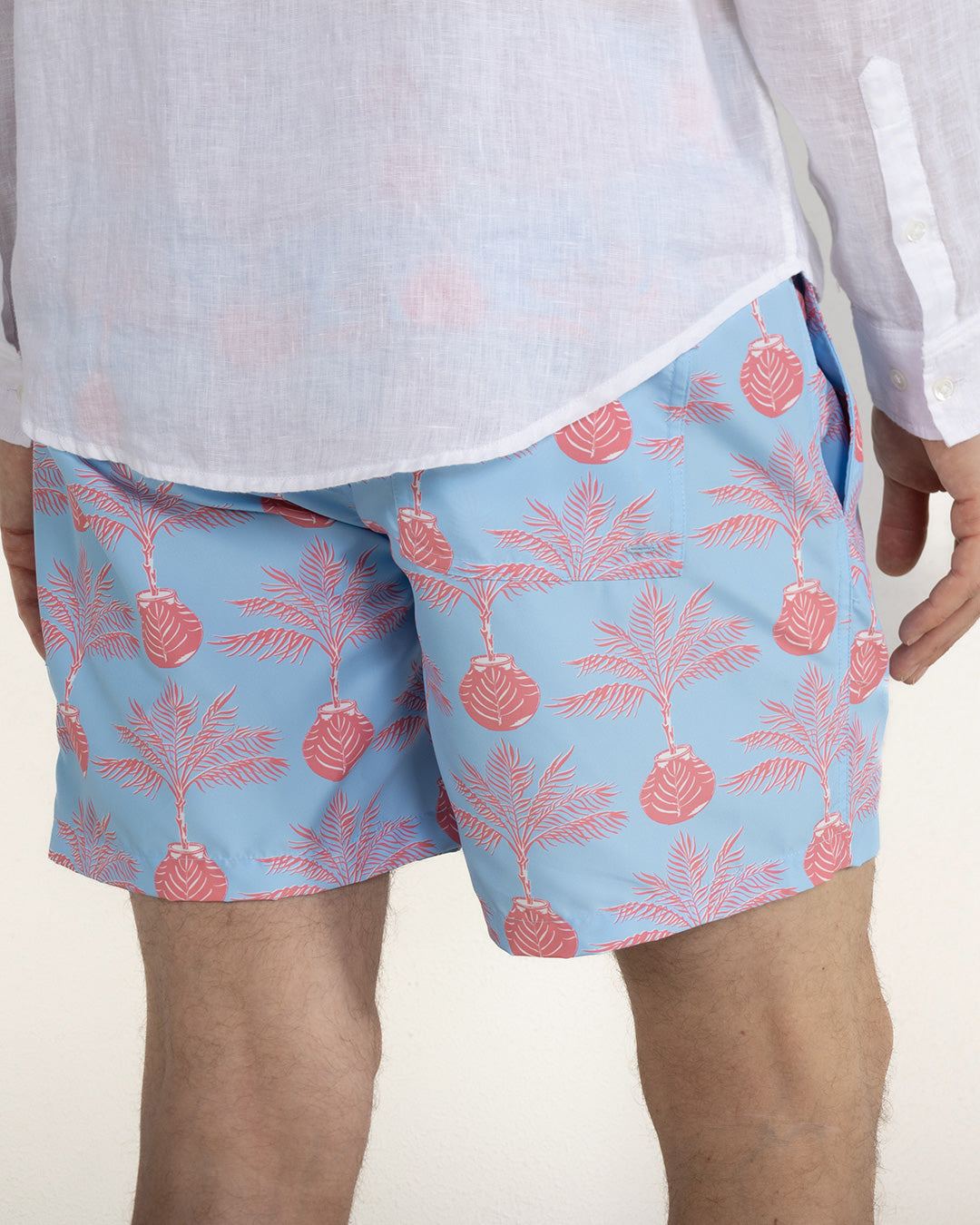 Top quality mens swim shorts in Potted Palm coral turquoise by Pink House Mustique