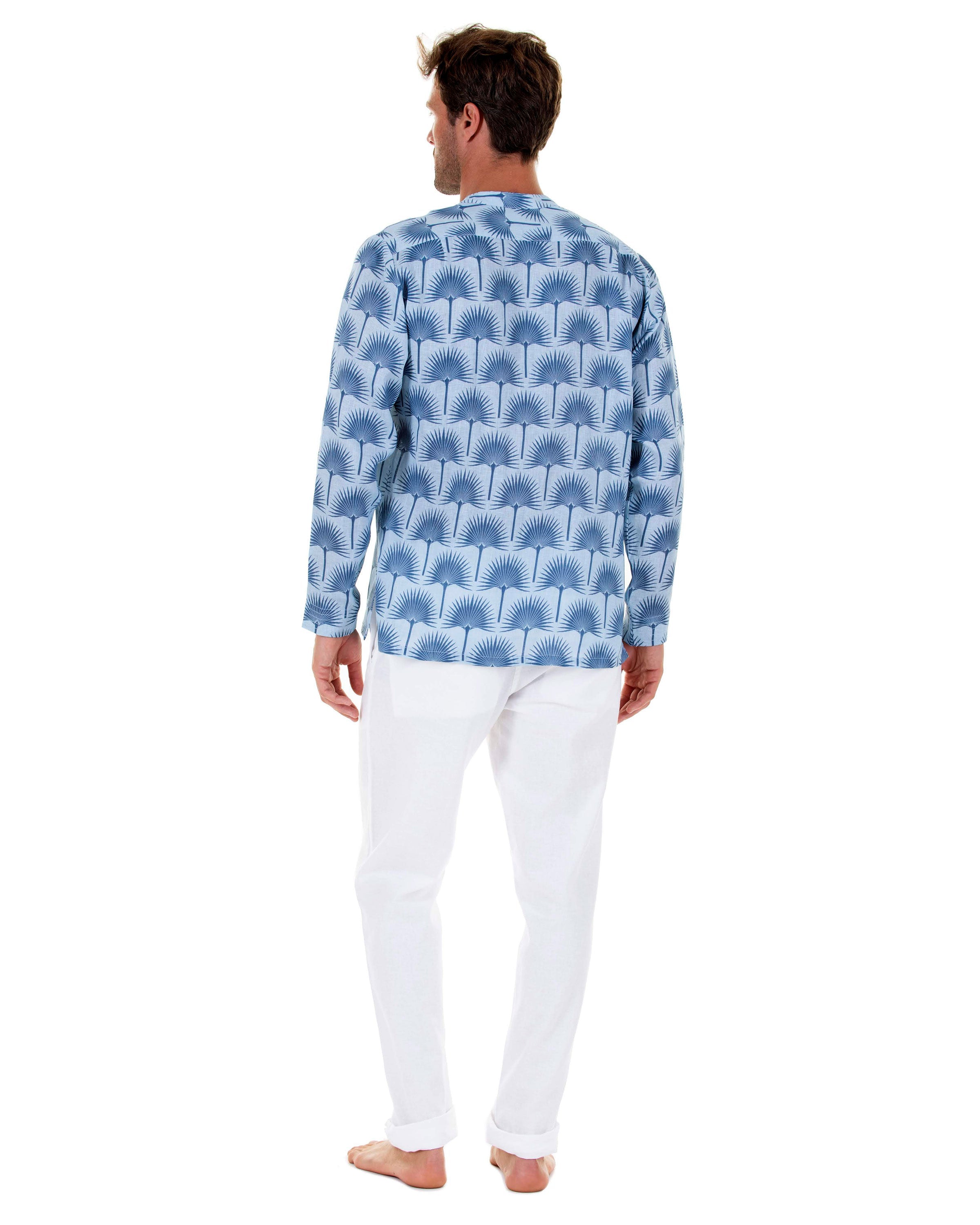 Mens Collarless Linen Shirt : FAN PALM NAVY / PALE BLUE with white linen trousers back