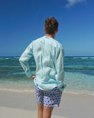 Mens Collarless Linen Shirt : PALE BLUE Mustique Beach Style