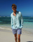 Mens Collarless Linen Shirt : PALE BLUE. Designer Mens holiday wear