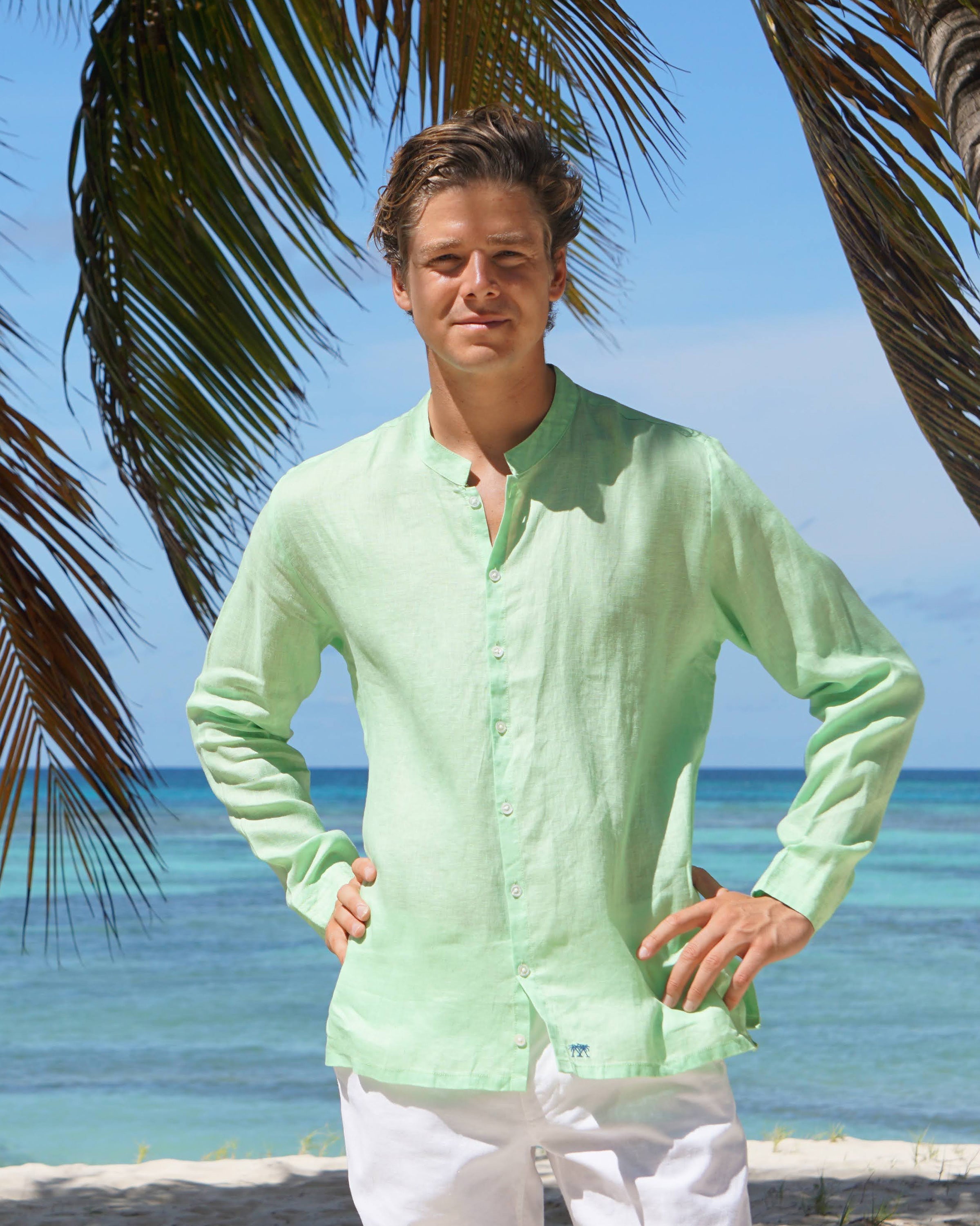 Mens Grandad Collar Linen Shirt : Pistachio Green perfectly paired with white linen trousers by Lotty B Mustique Resortwear