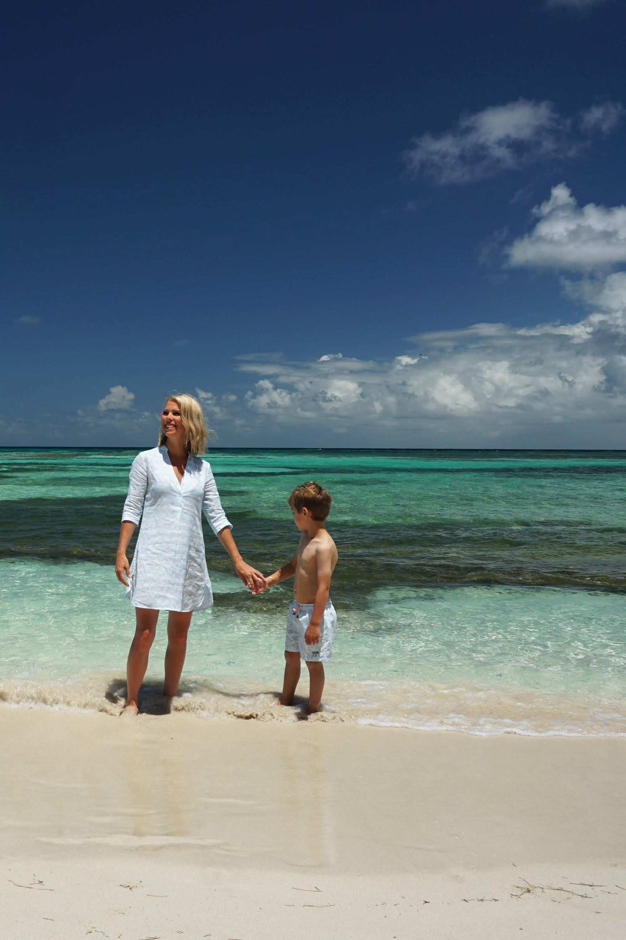 Womens flared Decima dress in pale blue Guava print by Lotty B Mustique beach style