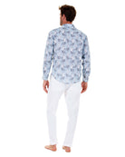 Mens Linen Shirt : MERMAID GREY / PALE BLUE Caribbean style worn with white linen trousers back