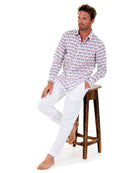 Mens Linen Shirt : MUSTIQUE MULE - RED match with white linen trousers for easy casual holiday style