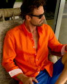 Luxury vacation fashion men's orange linen shirt