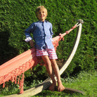 Childrens pure linen navy blue shirt & red blue guava print swim shorts  by Pink House Mustique, childrens resort clothing