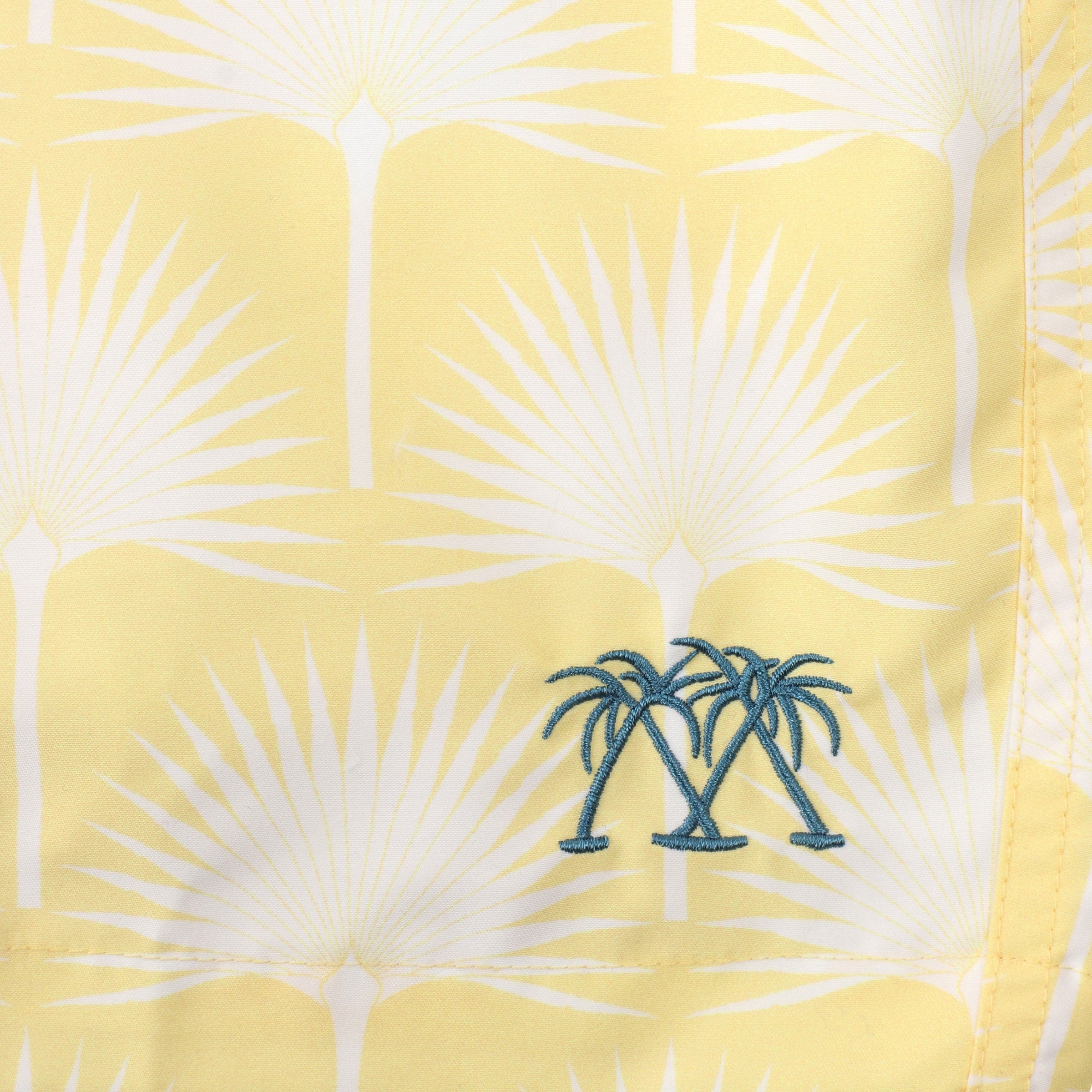 Mens swim trunks : FAN PALM - YELLOW, print detail