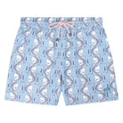 Men's swim shorts in Airforce Blue Fish print by designer Lotty B for Pink House Mustique