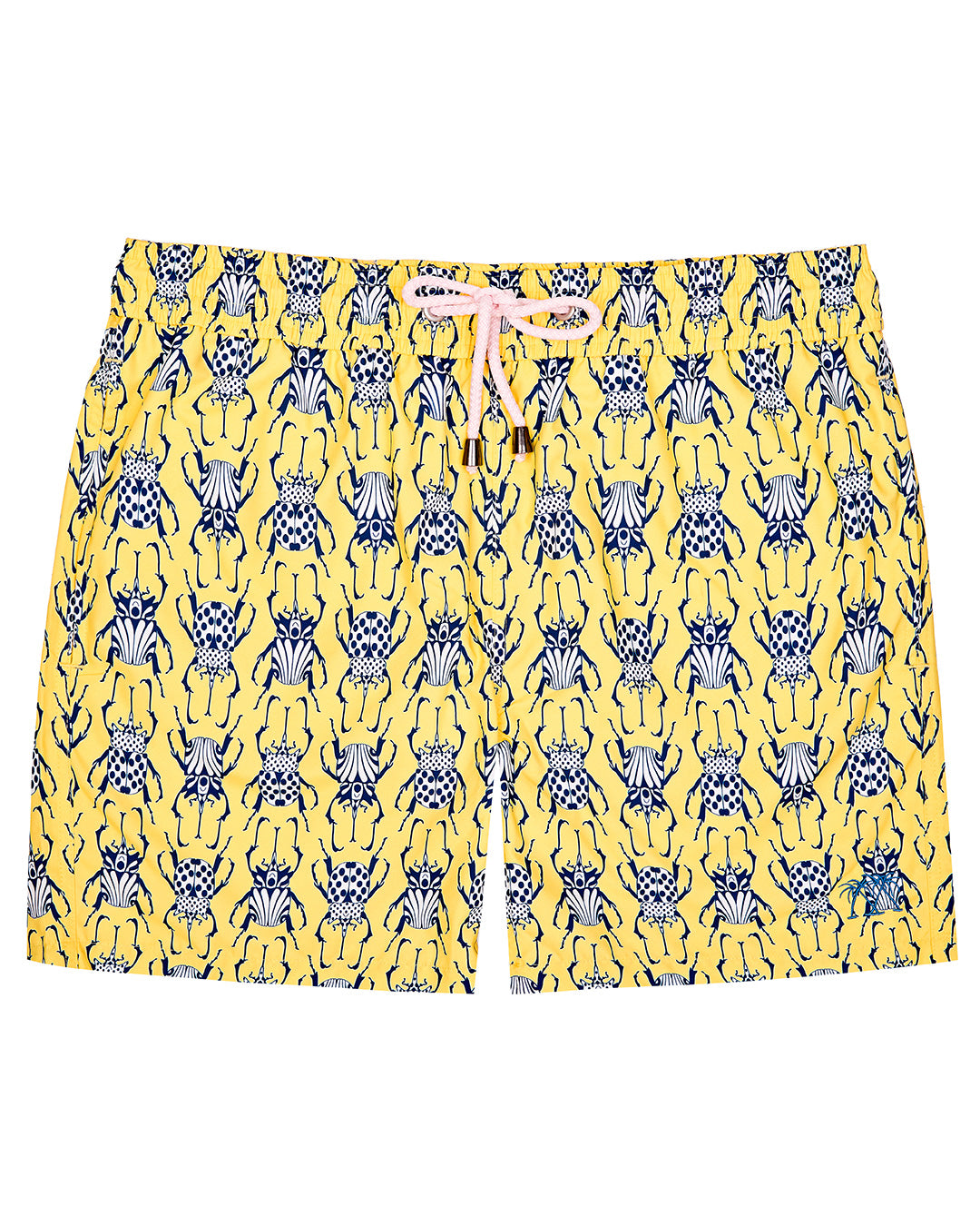 Men's swim shorts in yellow and navy Beetle print by Lotty B for Pink House