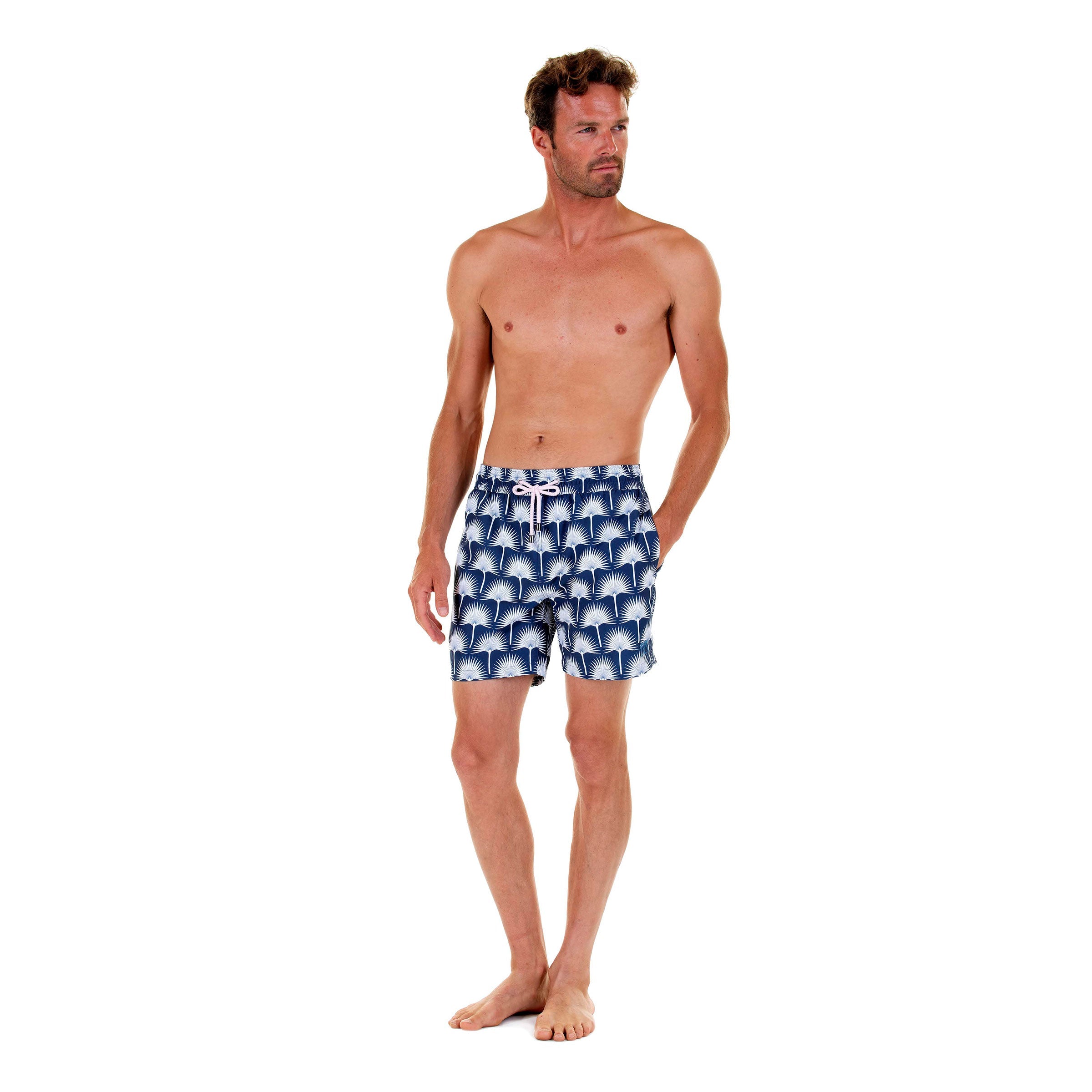 Mens swim trunks : FAN PALM - NAVY Front