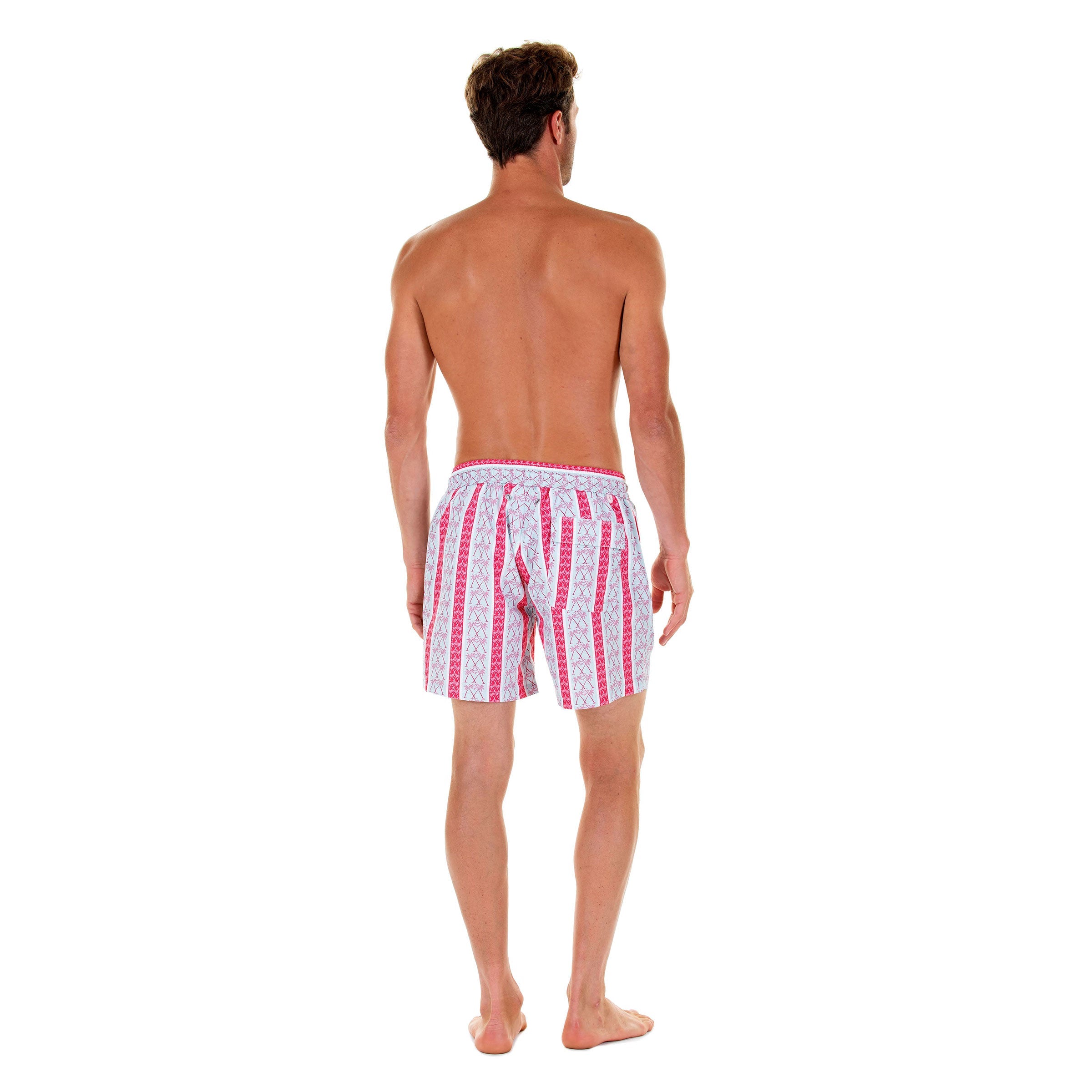 Mens swim trunks : PALM STRIPE - RED, back