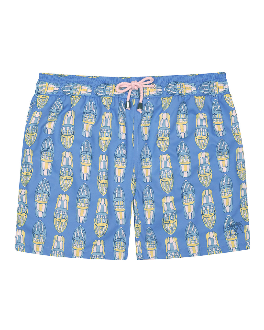 Men's recycled fabric blue swim shorts with yellow and blue Riva boat print by Lotty B