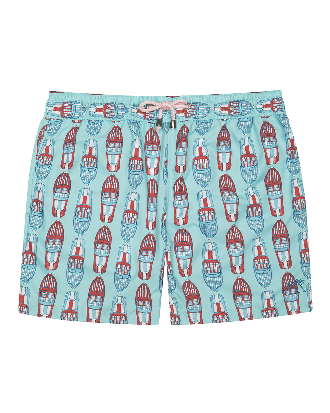 Men's recycled fabric turquoise blue swim shorts with red and blue Riva boat print by Lotty B