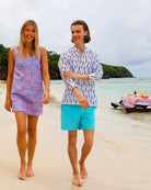 Mens Collarless Linen Shirt: GECKO - NAVY designer Lotty B Mustique holiday style