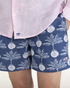 Quality mens vacation essentials recycled swim shorts in Potted Palm navy blue by Pink House Mustique