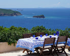 Blue glass table settings styled by Cosima Interiors on floral print tablecloth by British fashion and interiors designer Lotty B Mustique island