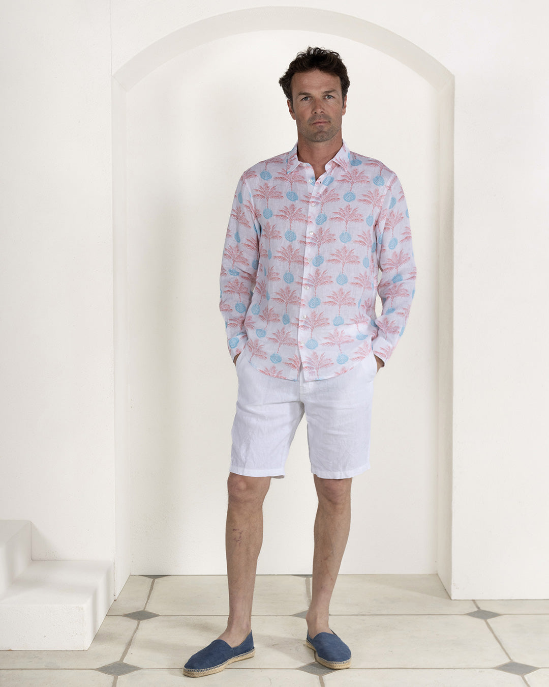 Mens resortwear pure linen shirt in coral and turquoise blue Potted Palm print by Pink House