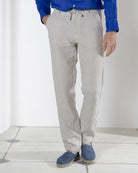 Exceptional quality pure linen pants worn with dazzling blue collarless linen shirt by Pink House resortwear