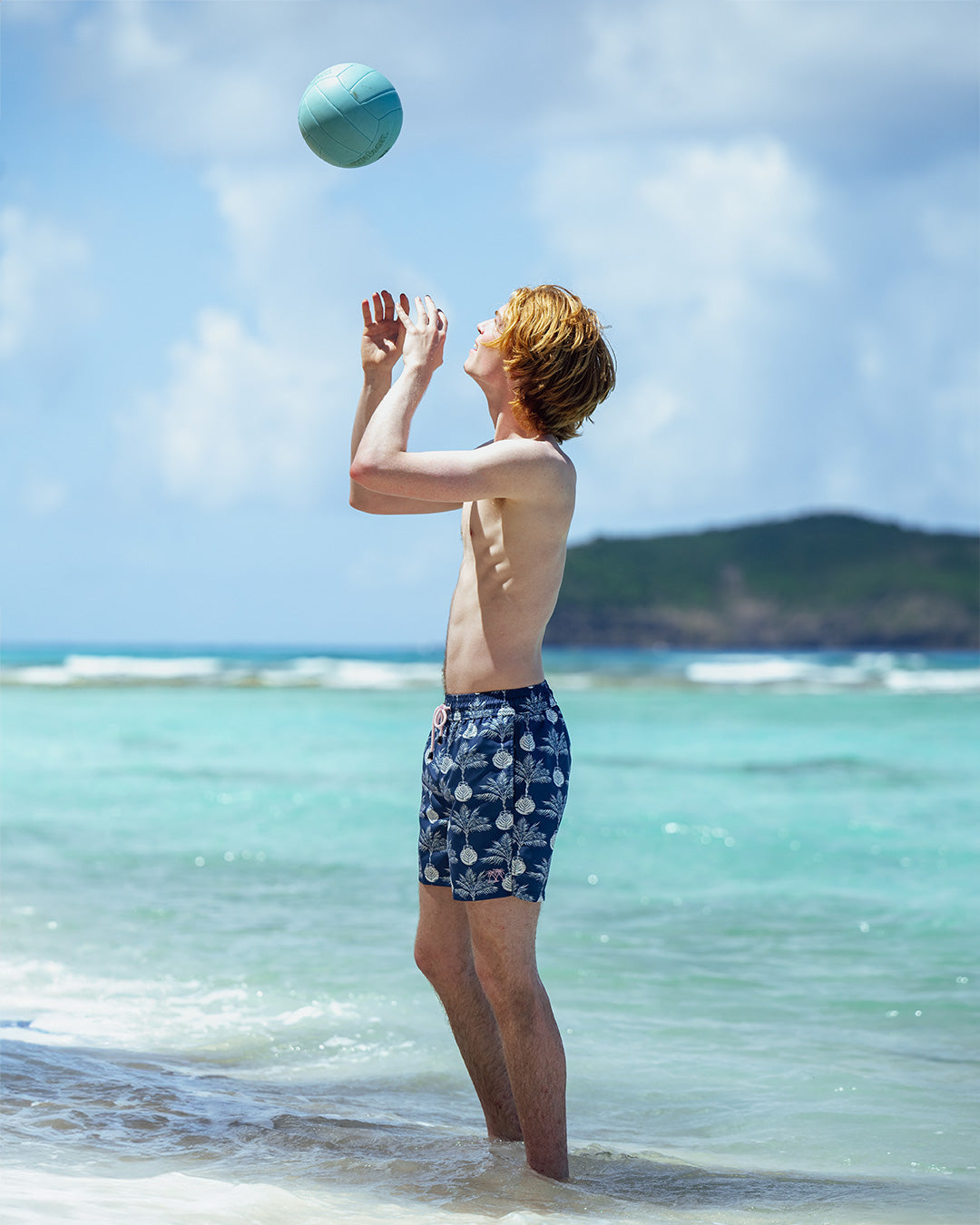 Tropical island holiday essentials for mens recycled, swim shorts in Potted Palm navy by Pink House Mustique