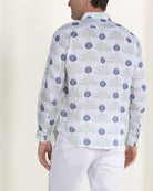 Mens resorwear linen shirts designed to last by Lotty B green and navy blue Potted Palm print by designer Lotty B for Pink House