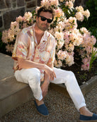 Men's silk shirt created from vintage silk charmeuse scarf, pink and gold sea life print by designer Lotty B Mustique