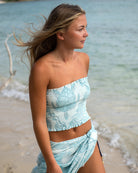 Beach chic silk bandeau top in Turtle aqua blue print & matching sarong by designer Lotty B Mustique 