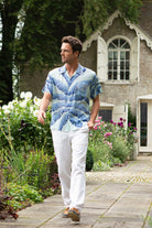 Lotty B mens silk shirt in tropical Banana print in brilliant blues