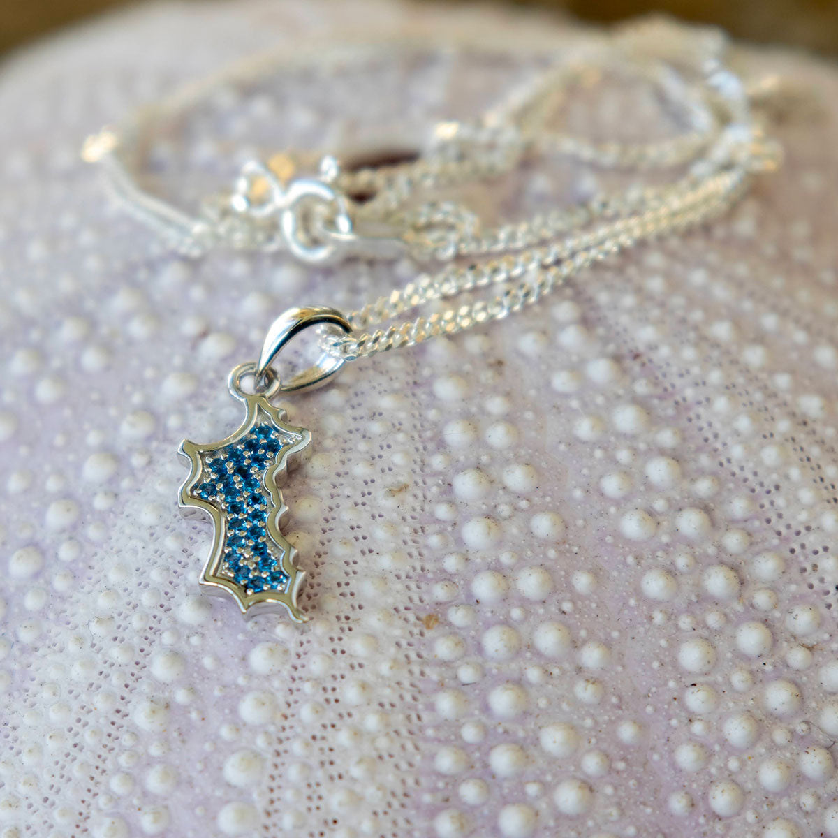 Silver Diamante MINI Mustique Island Pendant - blue zirconium crystals, Mustique beach life sea urchin