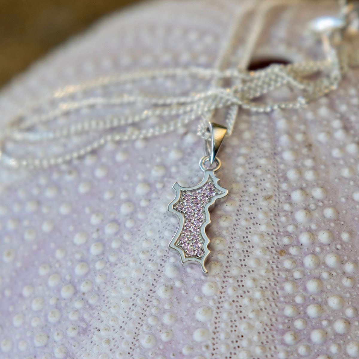 Silver Diamante MINI Mustique Island Pendant - pink zirconium crystals, Mustique beach life sea urchin