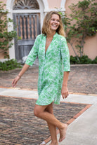 Vacation style womens dress in blue green floral Protea print by Lotty B for Pink House Mustique