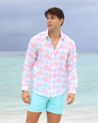 Linen shirt for resort vacations in coral and turquoise blue Potted Palm print by Pink House