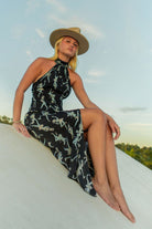 Long pure silk vacation dress in Fruit Punch dusk print by resortwear designer Lotty B