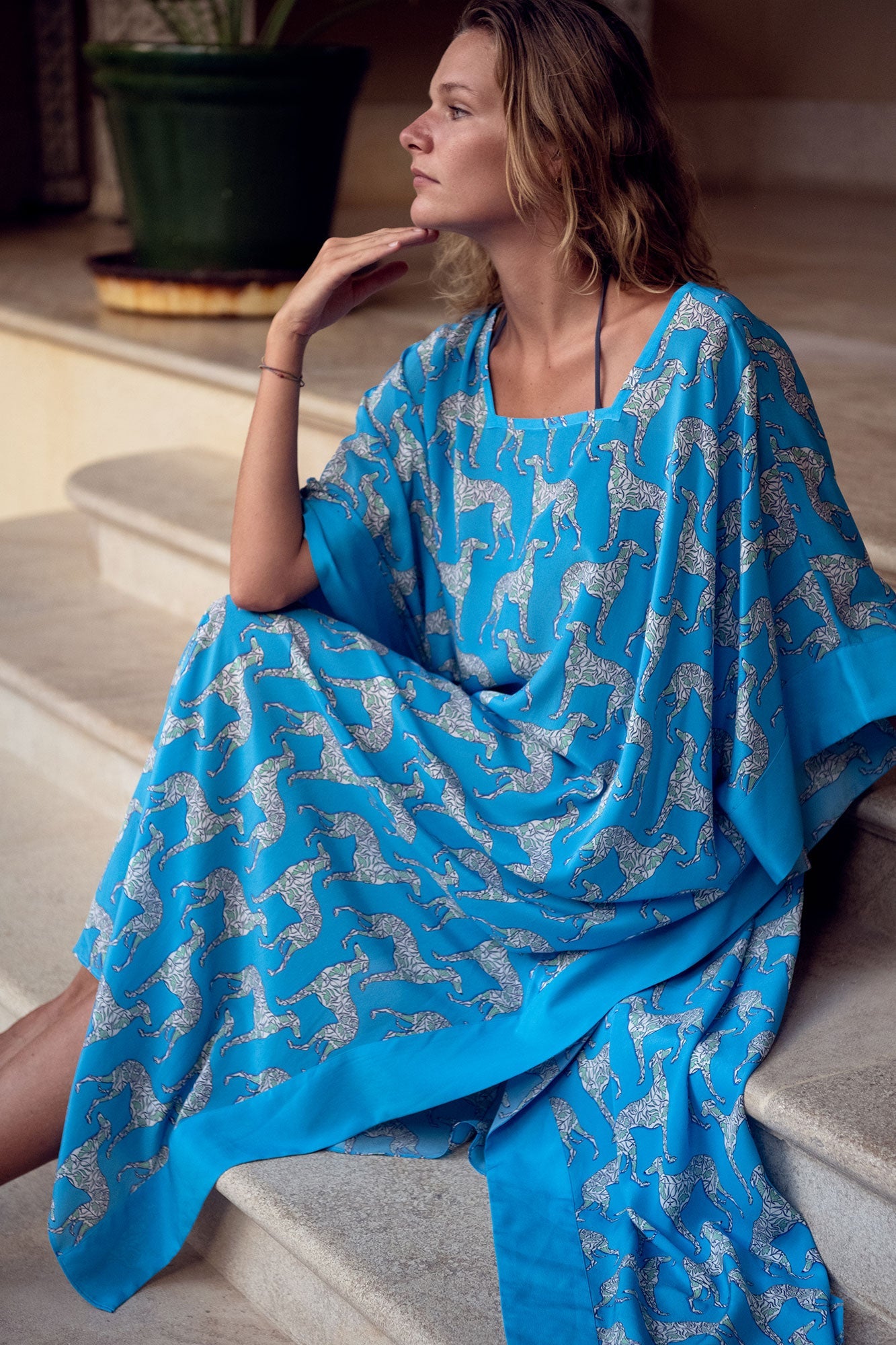 Villa holiday style silk maxi dress kaftan in Lurcher green & blue print designer Lotty B Mustique