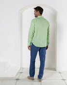 Stylish blue pure linen pants worn with pistachio green shirt by Pink House resortwear