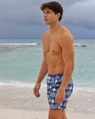 Island resort holiday style mens recycled swim trunks in Potted Palm navy by Pink House Mustique