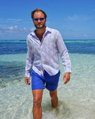 Mens Linen Shirt : MERMAID PINK / BLUE Mustique lifestyle