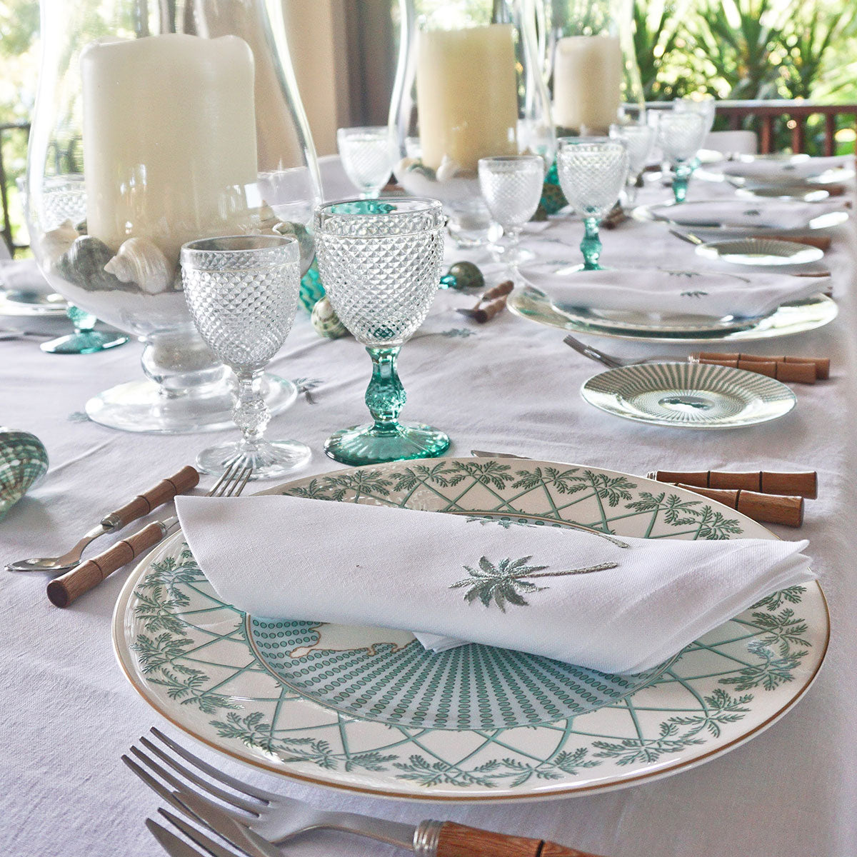 Elegant fine bone china tablescape in Mustique Island green design by Lotty B