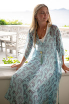 Stylish holiday dress 3/4 length silk chiffon kaftan cover up in pale blue Lurcher print by Lotty B Mustique