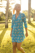 Luxury vacation style short flared dress in pure silk Lurcher green blue print designer Lotty B Mustique