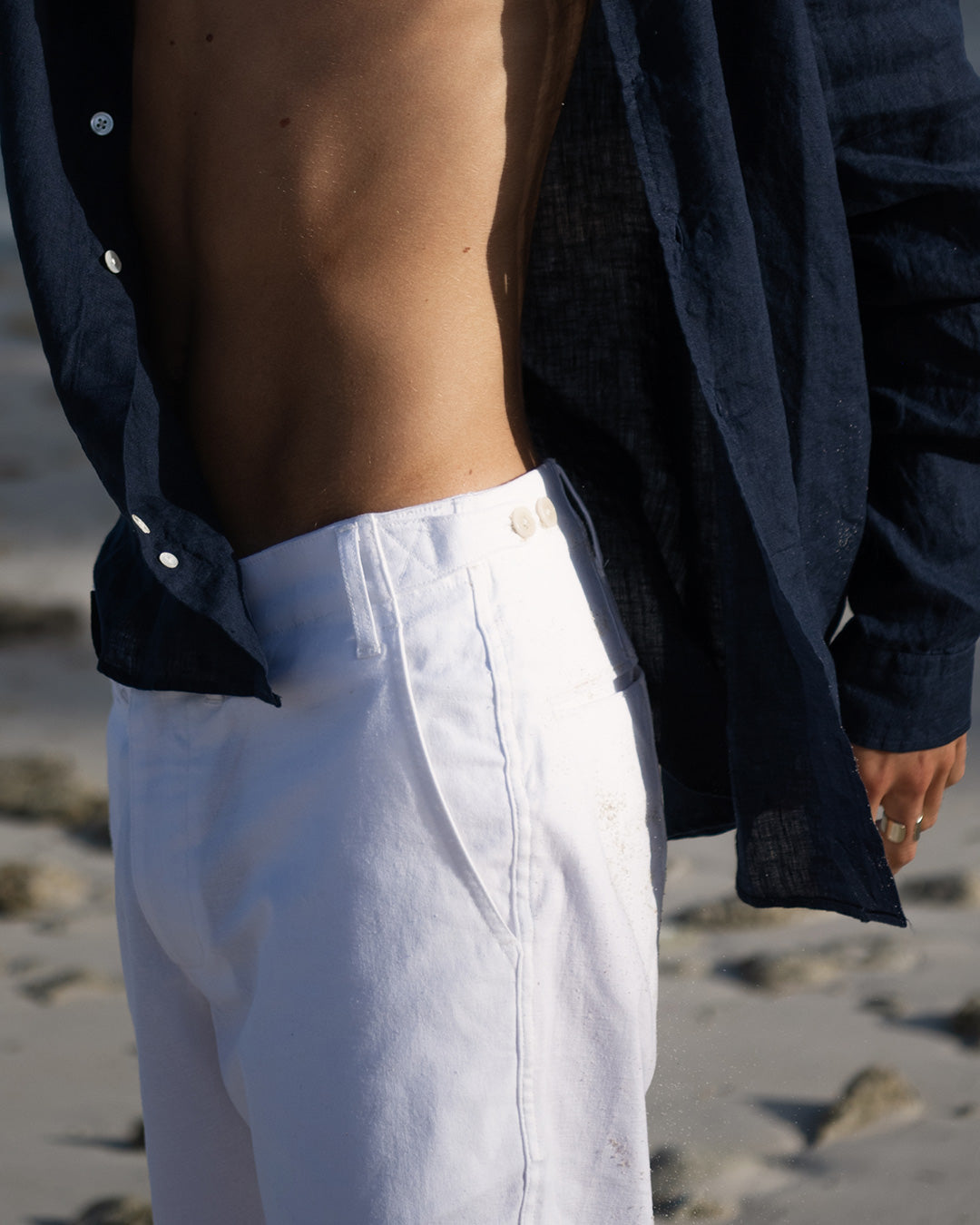 Beach holiday classics linen pants styled with Eclipse navy blue linen shirt. Designer linen resortwear by Pink House 