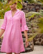 Women's pure linen resort style Decima dress with short sleeves in fuchsia pink