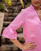 Mustique chic dress with gathered cuffs by designer Lotty B for Pink House